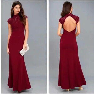 Lulu's Size Small Crazy About You Burgundy‎ Lace Backless Maxi Dress Gown Formal